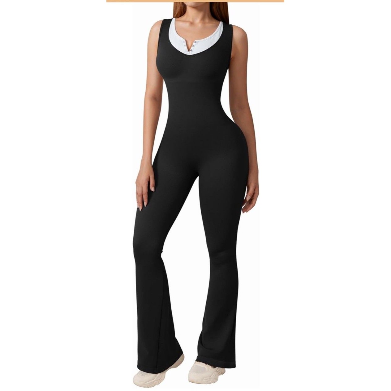 Oqq Fitted Black Ribbed Long V Neck Sexy Sleeve Yoga Jumpsuit Black/Wh Size L